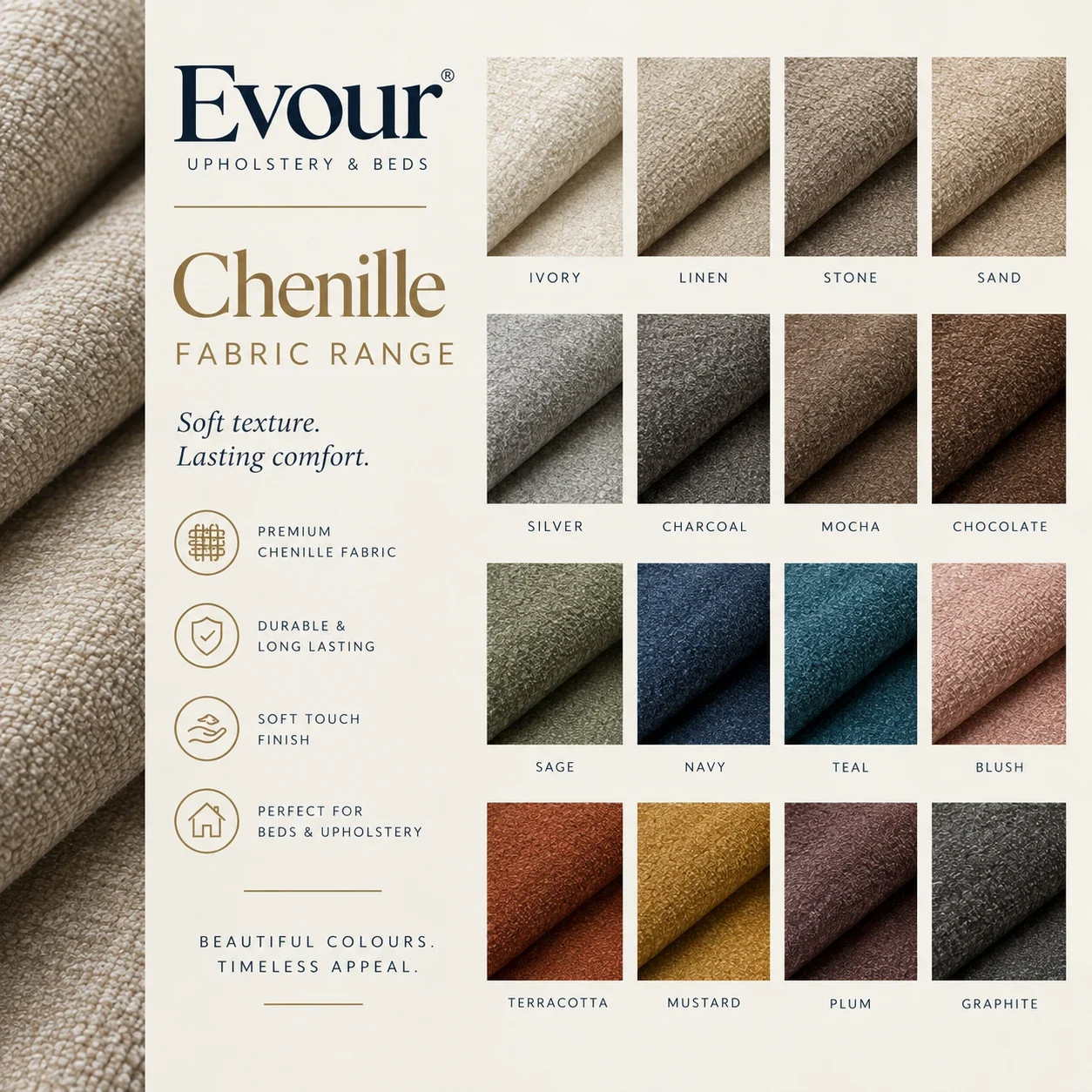 Chenille fabric range — colour chart