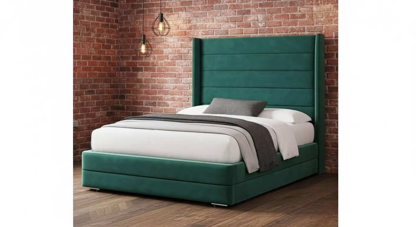 Bed with an extra-tall upholstered headboard reaching up the wall